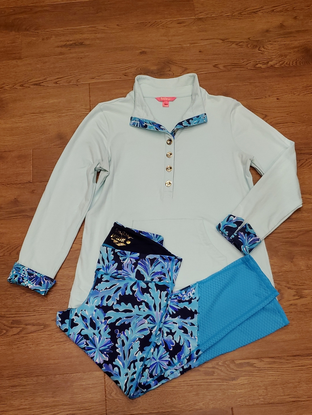Lilly Pulitzer Aqua Blue Popover Pullover Floral Accents & Leggings Set Womens L